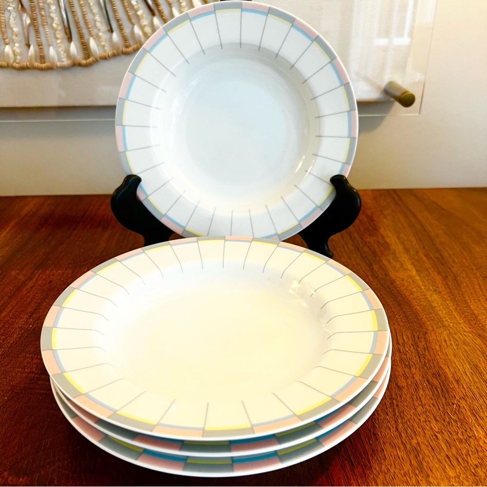 1980’s Mikasa Seville Vintage White Dinnerware Set with Pastel Stripes
